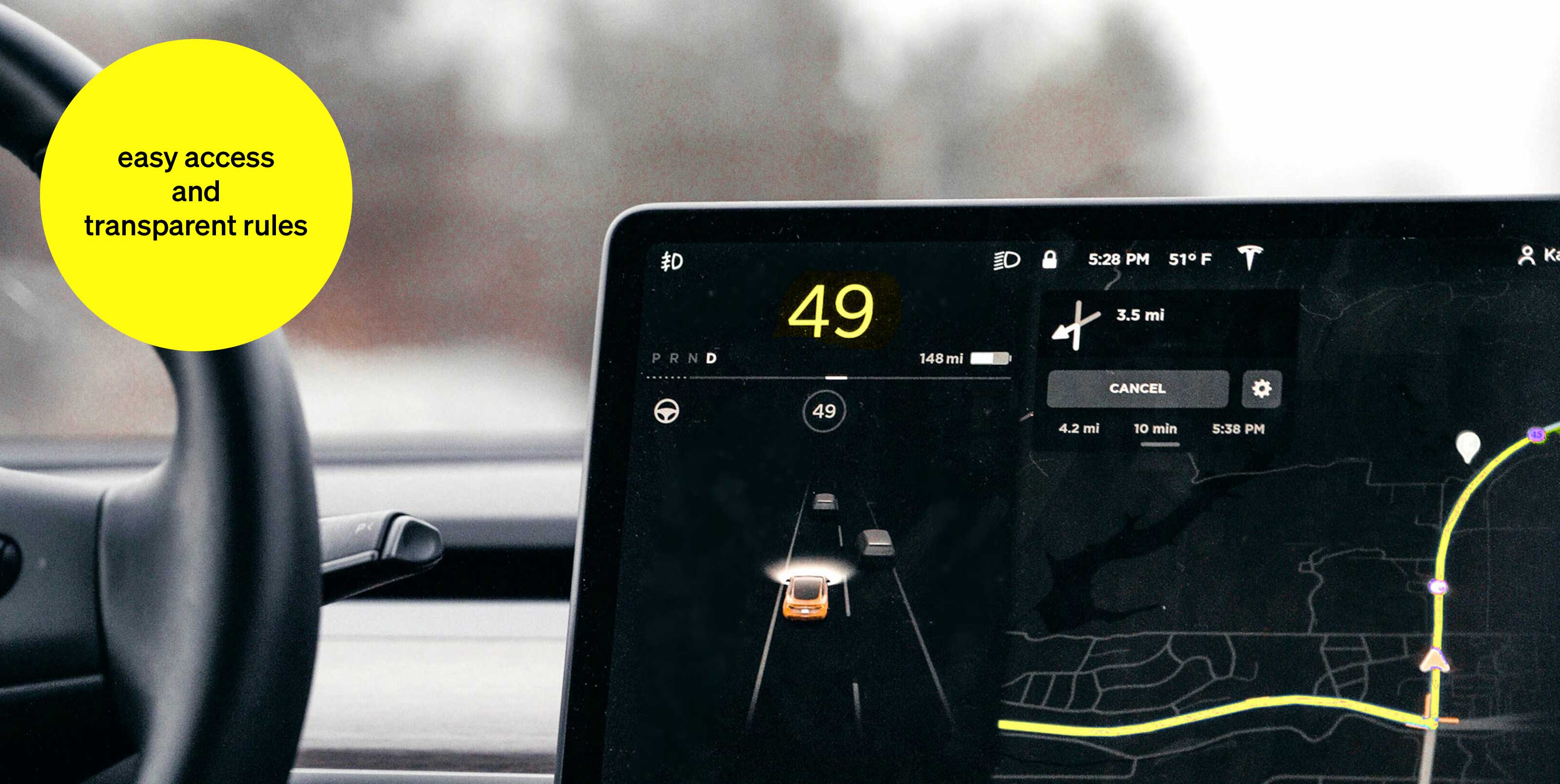 Navigation system in a car - text module in round tile: Easy access and transparent rules Navigation system in a car - text module in round tile: Easy access and transparent rules