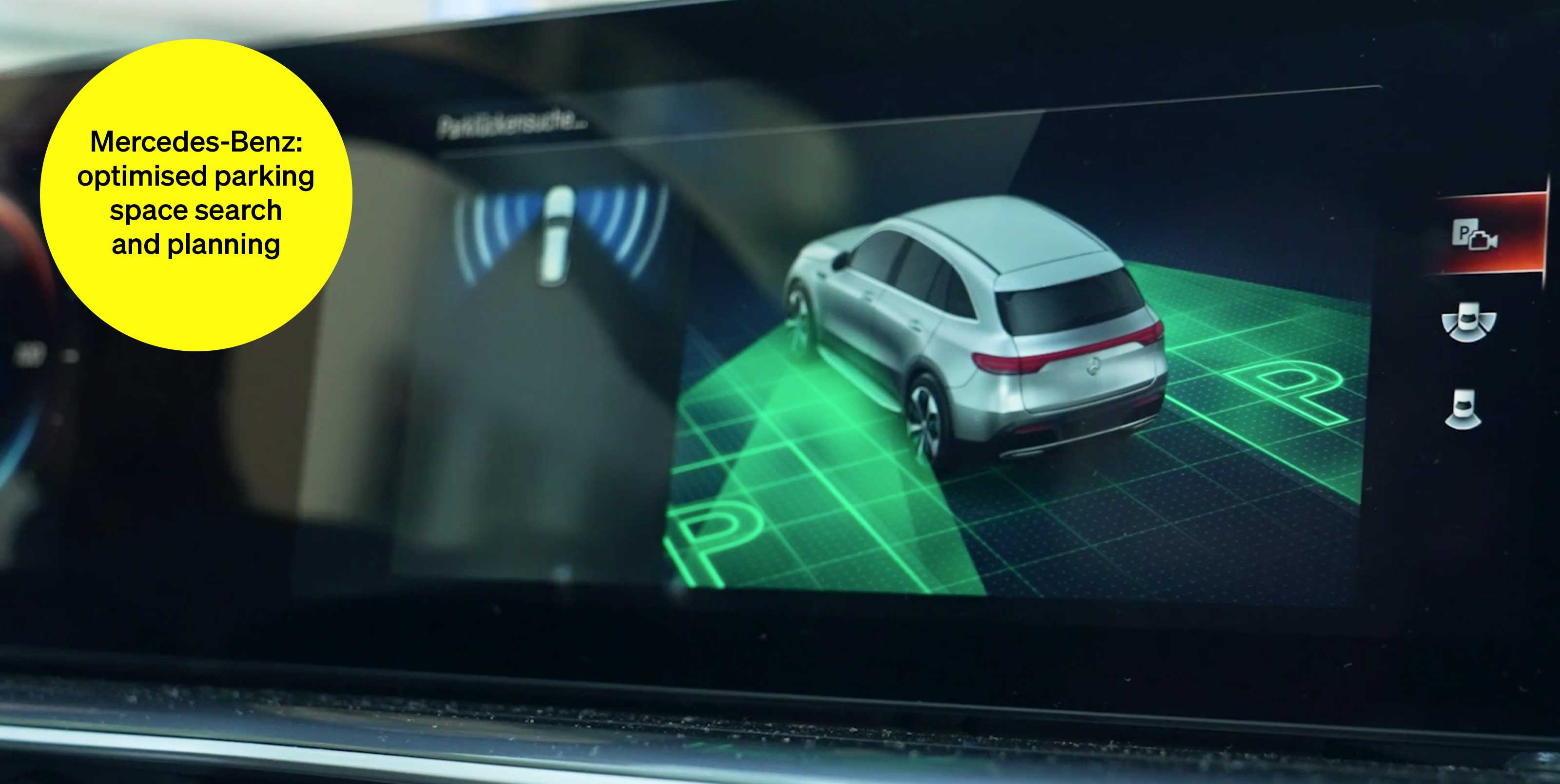 Parking sensor display in car - text module in round tile: Mercedes-Benz optimize parking space search & planning